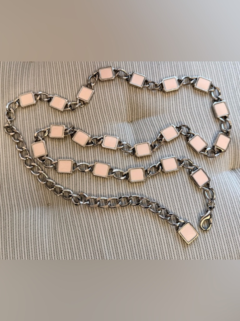 Chain belt w/Pale Pink Enamel Squares on Silver Tone links Vintage Accessory